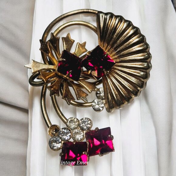 Vtg MCM Art Deco Floral Fan Brooch Red Rhinestones Goldtone Metal Pin Swirl Read - Picture 9 of 12